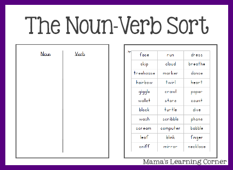 Free Parts of Speech Worksheets: The Noun/Verb Sort