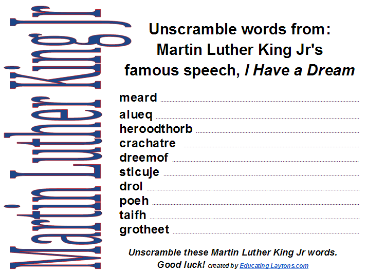 Free Martin Luther King Jr Word Scramble Printable