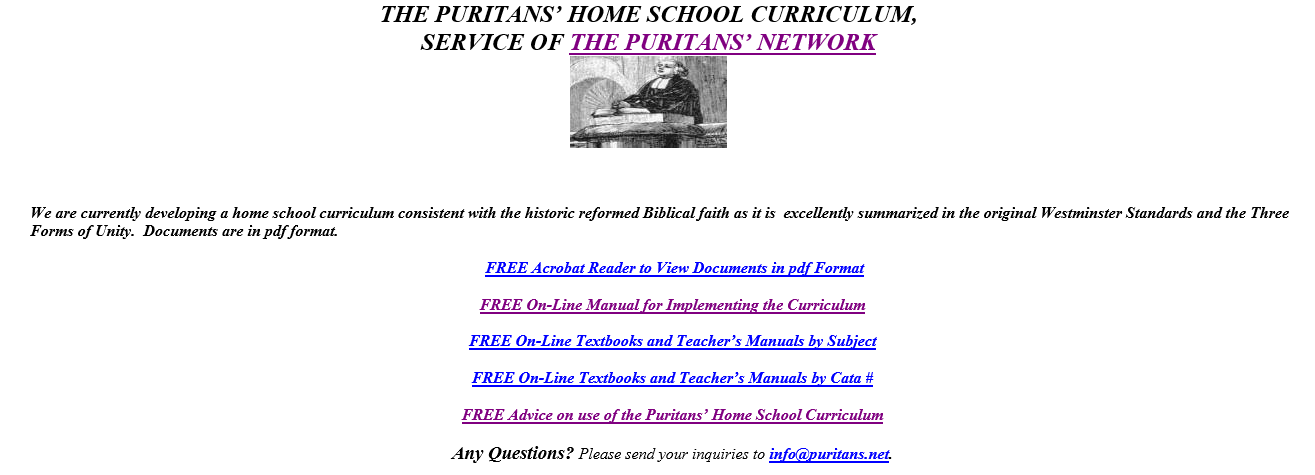 Free Homeschool Curriculum: THE PURITANS’ HOME SCHOOL CURRICULUM