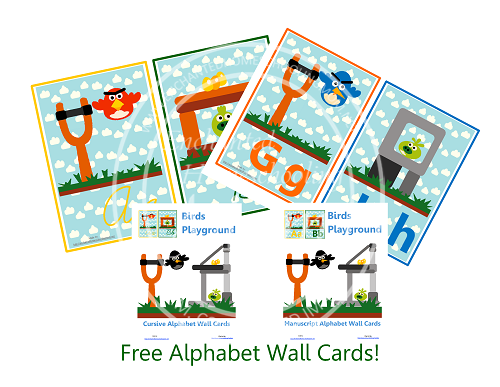 Free Birds Playground Cursive and Manuscript Alphabet Wall Cards Printable 