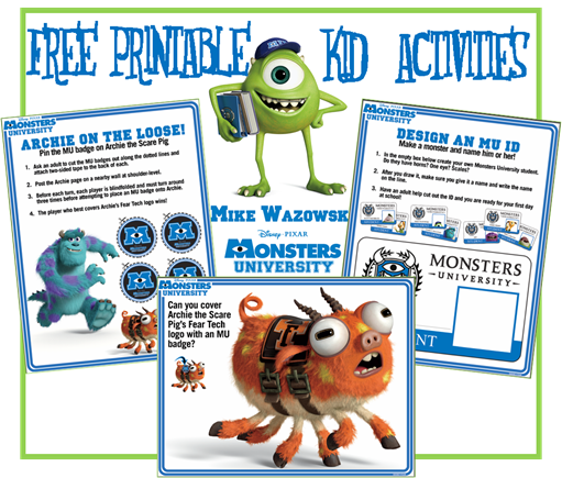 FREE  Monsters University Printable Activities