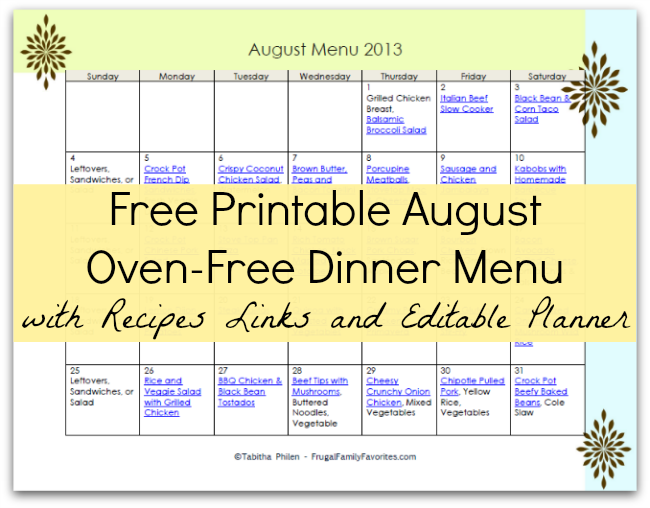 Free August Oven Free Meal Plan Printable