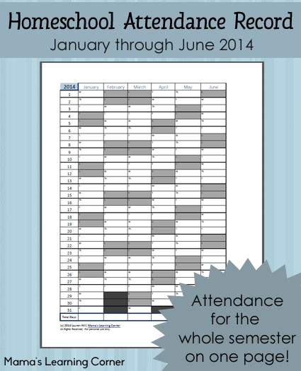 Printable Homeschool Attendance Record 2014