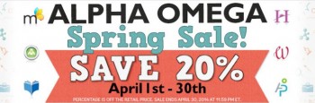 Alpha Omega 20% off spring sale