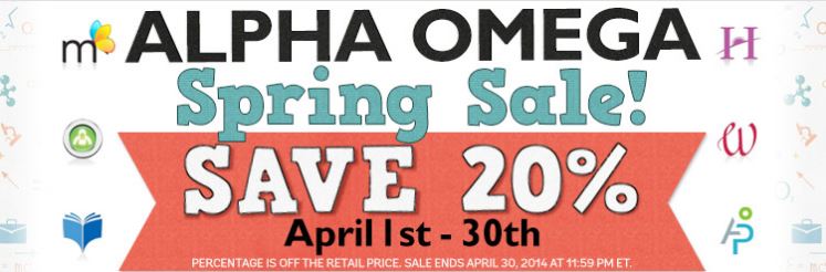Alpha Omega 20% off spring sale