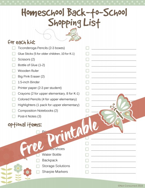 Free Back-to-Homeschool Shopping List