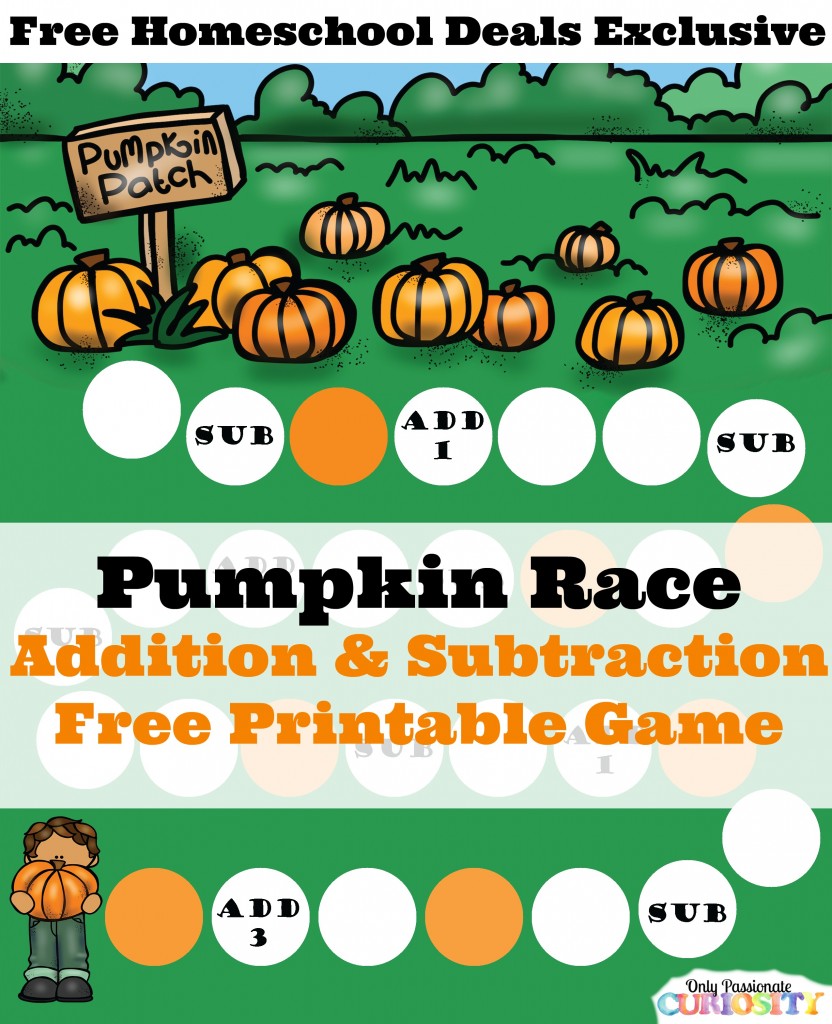 Instantly download this FREE Pumpkin Race Printables Pack for a fun Fall-themed math game! #fhdhomeschoolers #freehomeschooldeals #fallresources #homeschoolmath #hsfreebies