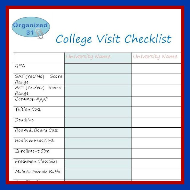 FREE College Visit Check List