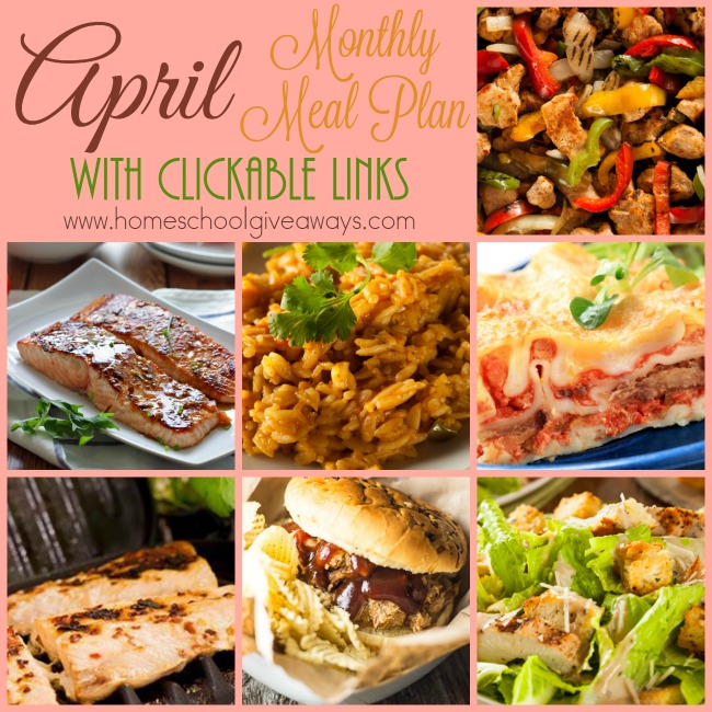 FREE April 2016 Monthly Meal Plan with Clickable Links