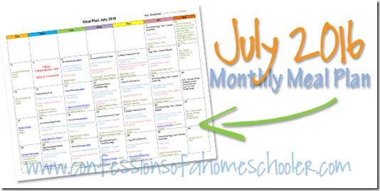 FREE July Monthly Meals Planner