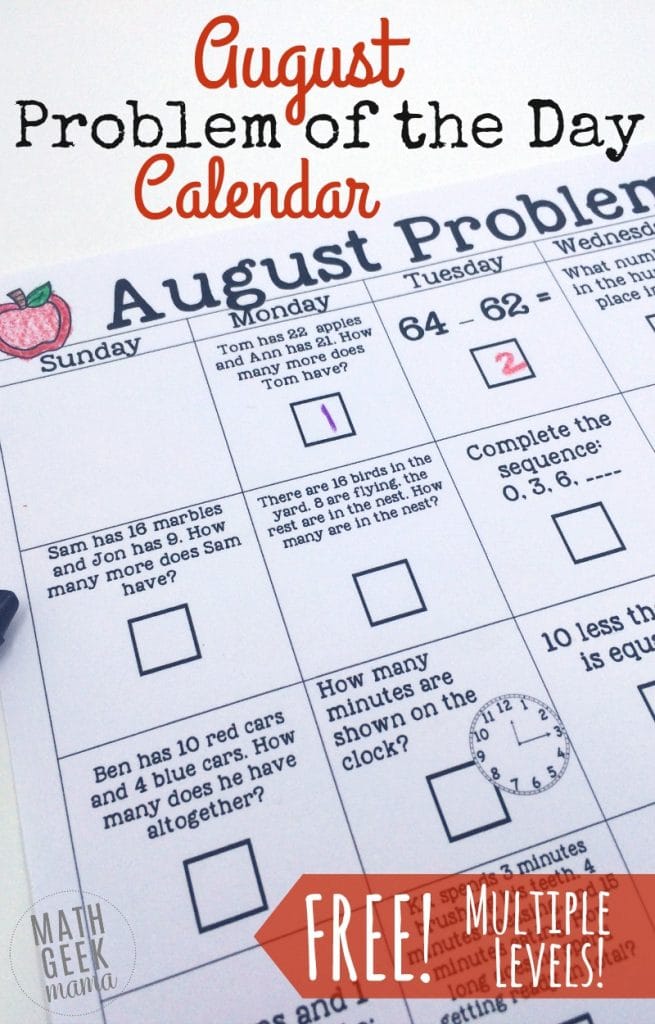 FREE August Math Calendar