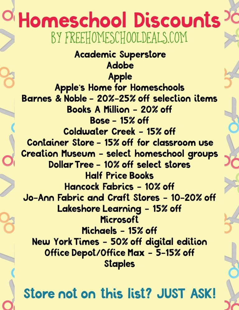FREE HOMESCHOOL DISCOUNTS PRINTABLES