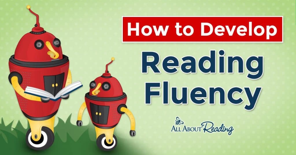 cartoon robots reading with overlay - "How to Develop Reading Fluency"