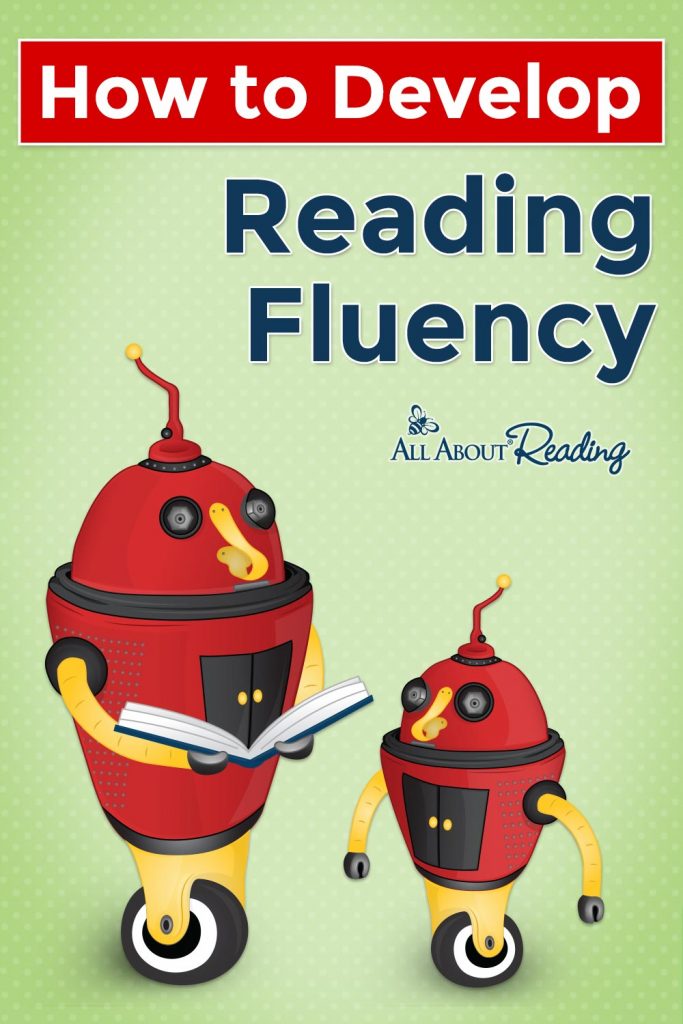 cartoon robots reading with overlay - "How to Develop Reading Fluency"