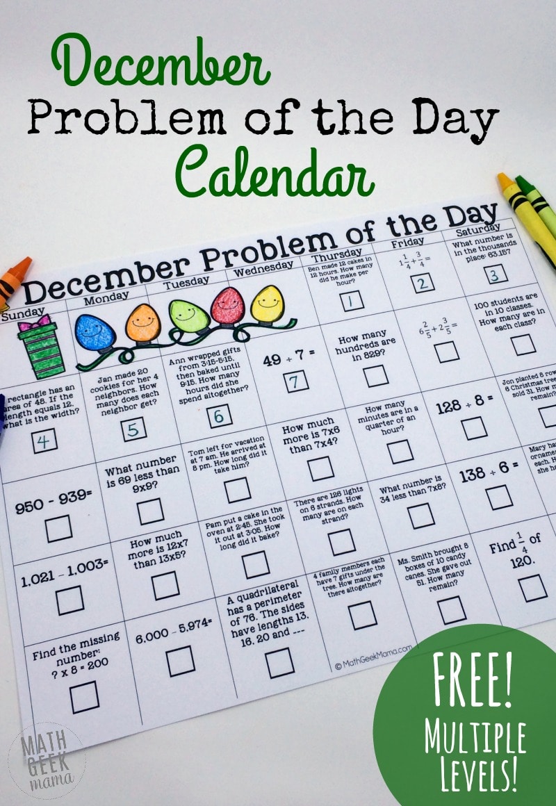 Free December Math Problem of the Day Calendar