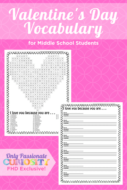 FREE VALENTINE'S DAY VOCABULARY FOR MIDDLE SCHOOL PRINTABLES (Instant Download)