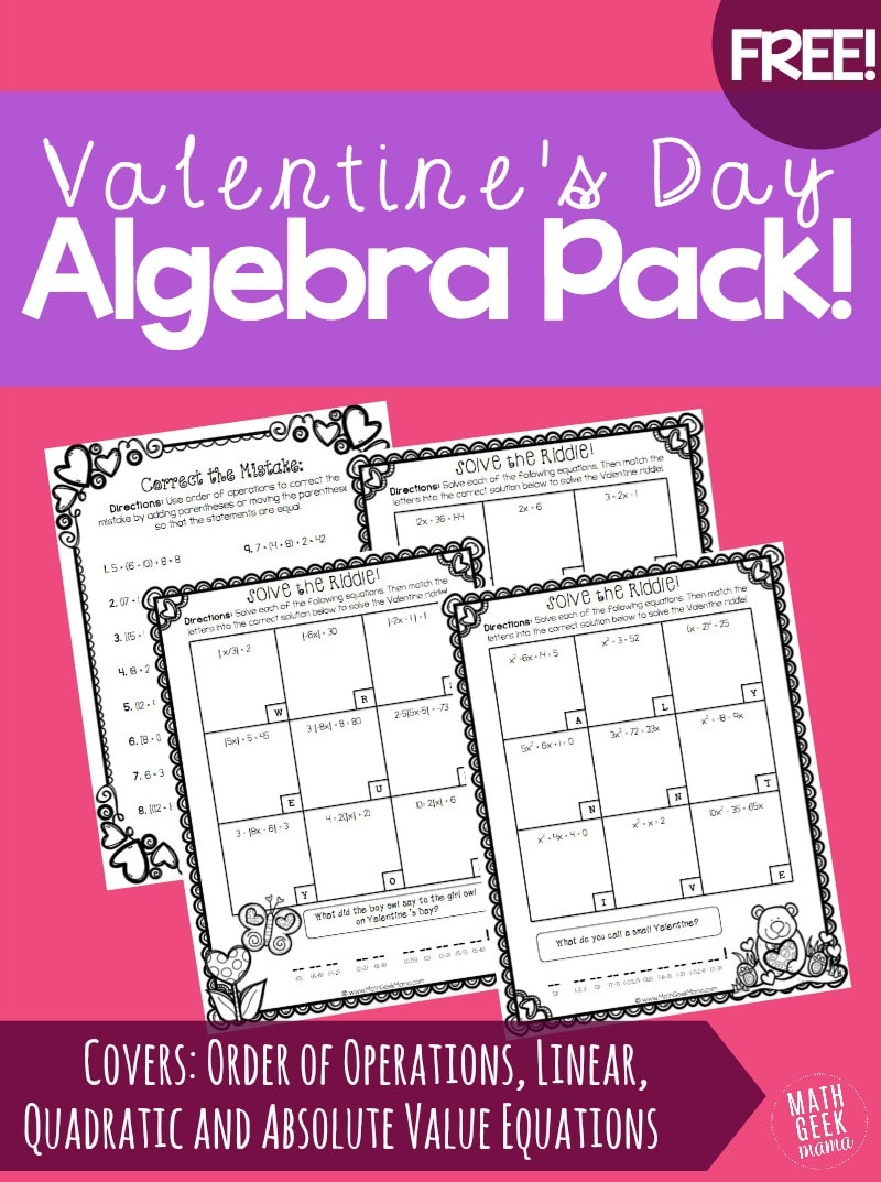 Free Valentine's Day Algebra Riddles Pack