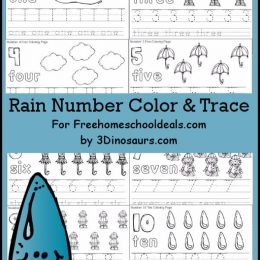 FREE RAIN THEMED NUMBER COLOR & TRACE PRINTABLES (Instant Download)