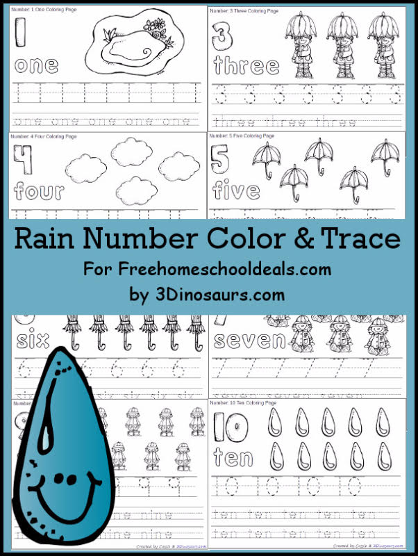 FREE RAIN THEMED NUMBER COLOR & TRACE PRINTABLES (Instant Download)