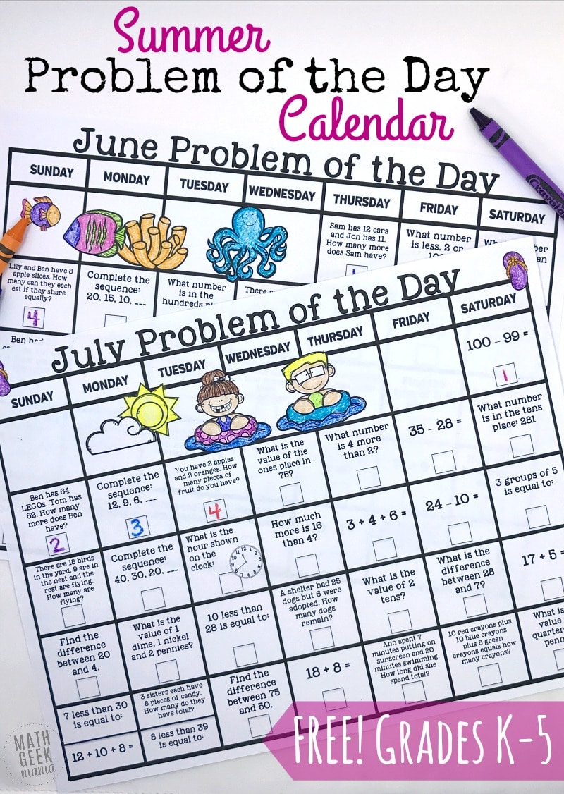 Free Summer Math Calendars