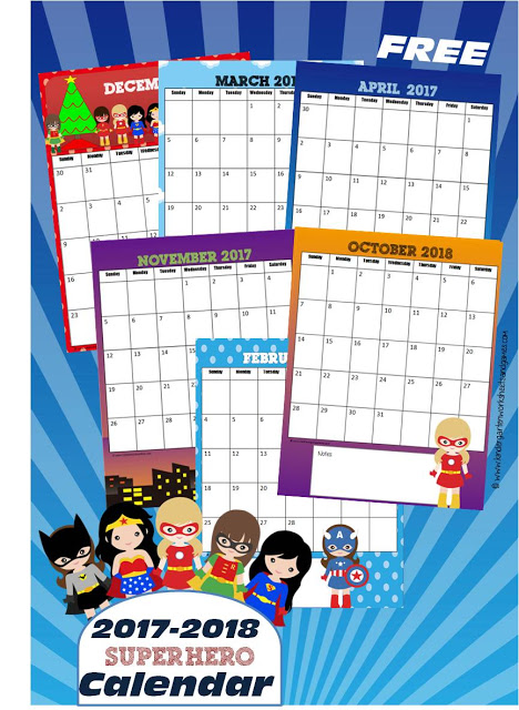 Free 2017-2018 Girl Superheroes Printable Calendar 