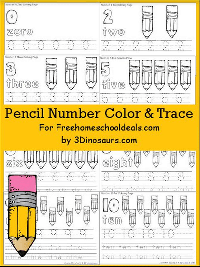 Free Pencil Number Color & Trace Printables 