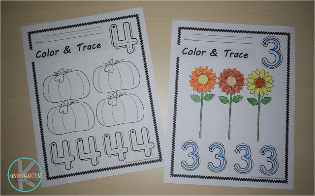 Free Fall Color and Trace Number Worksheets