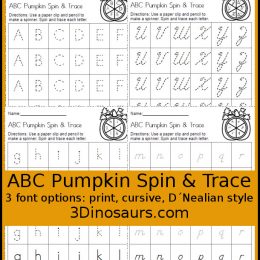 Free Pumpkin ABC Spin & Trace Worksheets (3 Font Options)