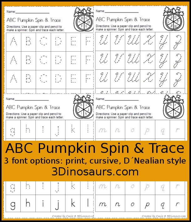 Free Pumpkin ABC Spin & Trace Worksheets (3 Font Options)