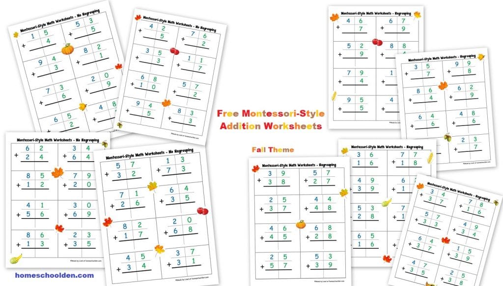 Free Fall Montessori Addition Worksheets