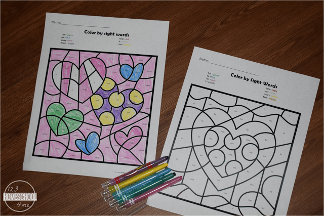 Free Valentine's Day Color by Sight Word Worksheets