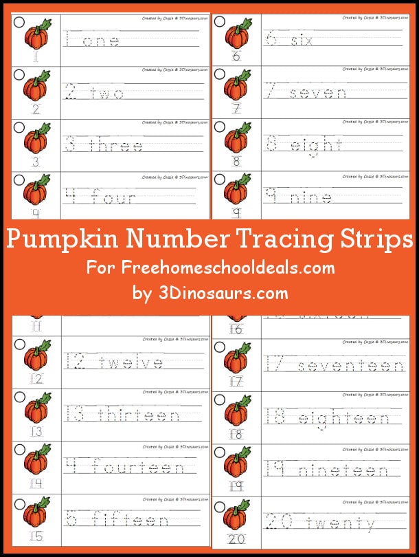 Download these FREE Pumpkin Number Tracing Strips for some counting fun! #fhdhomeschoolers #freehomeschooldeals #pumpkinmath #homeschoolmath #hsfreebies