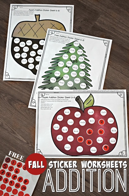 Make your Fall math lessons fun with these FREE Fall Addition Sticker Math Worksheets! #fhdhomeschoolers #freehomeschooldeals #fallresources #homeschoolmath #hsfreebies