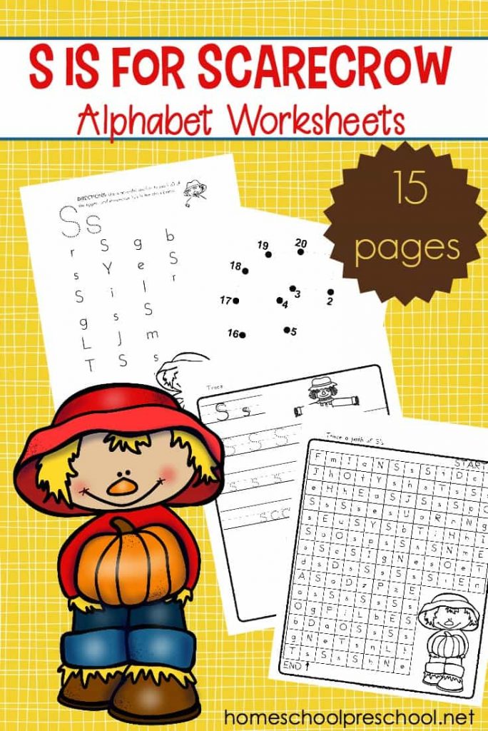 It's the season for scarecrows! Check out these FREE S is for Scarecrow Alphabet Worksheets! #fhdhomeschoolers #freehomeschooldeals #fallresources #hsmoms #homeschoolfreebies