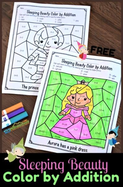 FREE Sleeping Beauty Color by Addition Pages