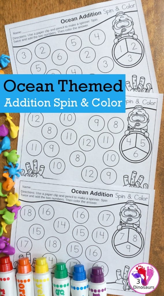 FREE Ocean-Themed Addition Spin & Color Sheets