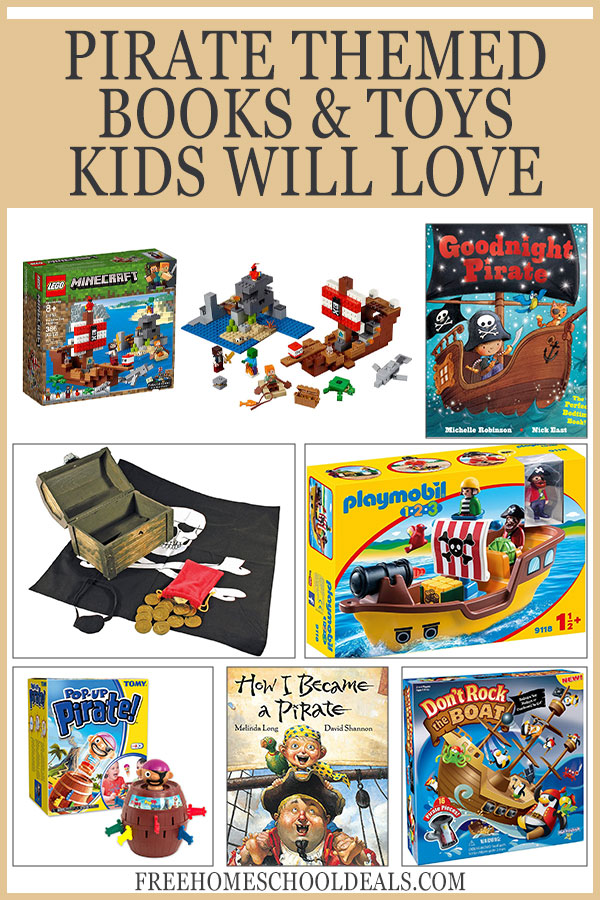 Whether your kids love pirates or you're prepping for Talk Like a Pirate Day, these books and toys are sure to be a hit! Check them out! #pirates #talklikeapirate #freehomeschooldeals #fhdhomeschoolers