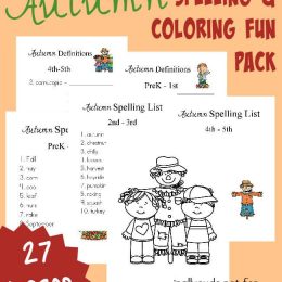 Get 27 pages of Fall fun with this FREE Autumn Spelling and Coloring Pack! #fhdhomeschoolers #freehomeschooldeals #fallresources #hsfreebies #homeschoolspelling