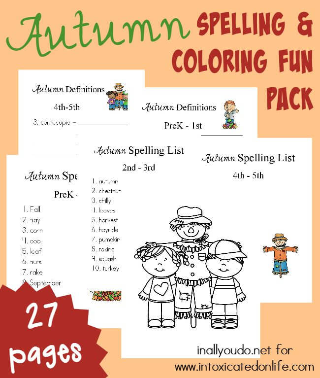 Get 27 pages of Fall fun with this FREE Autumn Spelling and Coloring Pack! #fhdhomeschoolers #freehomeschooldeals #fallresources #hsfreebies #homeschoolspelling