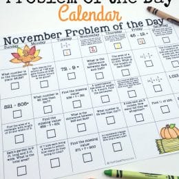 Fill your month with math with this FREE November Math Problem of the Day Calendar! #fhdhomeschoolers #freehomeschooldeals #homeschoolmath #problemoftheday #hsmoms