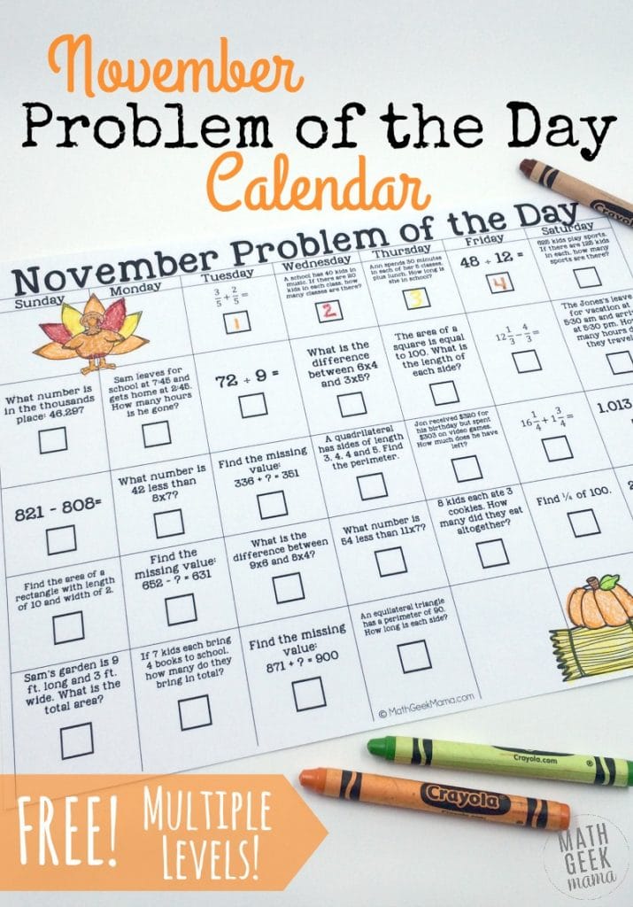 Fill your month with math with this FREE November Math Problem of the Day Calendar! #fhdhomeschoolers #freehomeschooldeals #homeschoolmath #problemoftheday #hsmoms