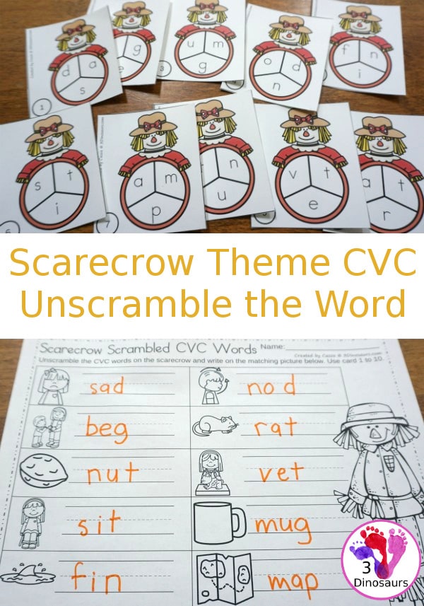 Make phonics fun with this FREE Scarecrow-Themed CVC Unscramble! #fhdhomeschoolers #freehomeschooldeals #fallresources #phonics #hsfreebies