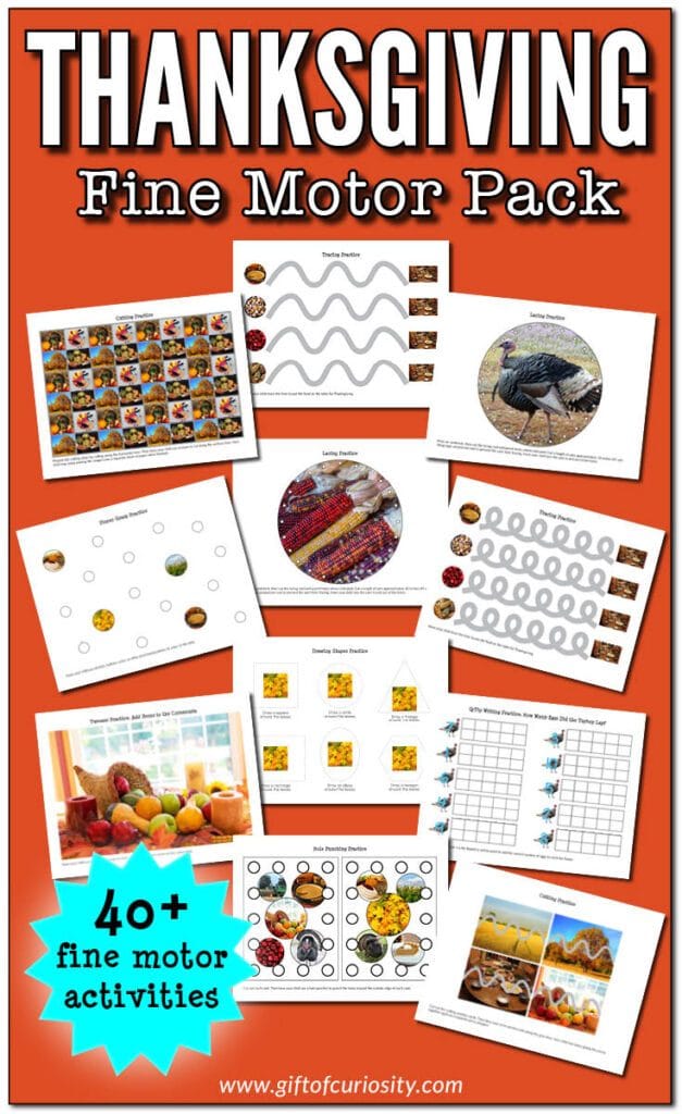 For fine motor experience with a holiday twist, check out this FREE Thanksgiving Fine Motor Pack! #fhdhomeschoolers #freehomeschooldeals #hsmoms #finemotorskills #thanksgiving