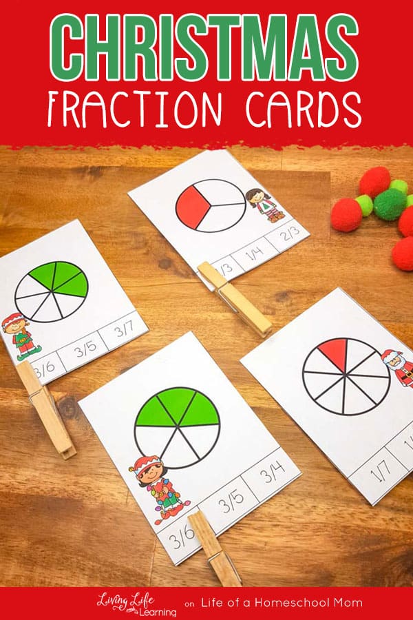 These FREE adorable Christmas fraction cards can reinforce or introduce fraction concepts in a fun way. Download them today! #freehomeschooldeals #fhdhomeschoolers #christmasfractioncards #christmasmath 