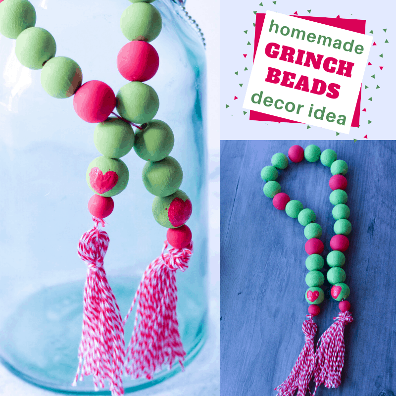 These simple DIY Grinch farmhouse beads are perfect for decor or Christmas jewelry. #Grinchfarmhousebeads #DIYgrinchfarmhousebeads 