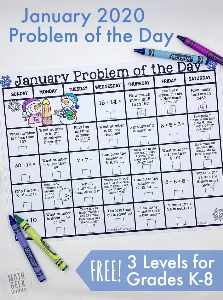 FREE January 2020 Calendar for Problem of the Day.
#fhdhomeschoolers  #freehomeschooldeals #problemoftheday #januarycalendar