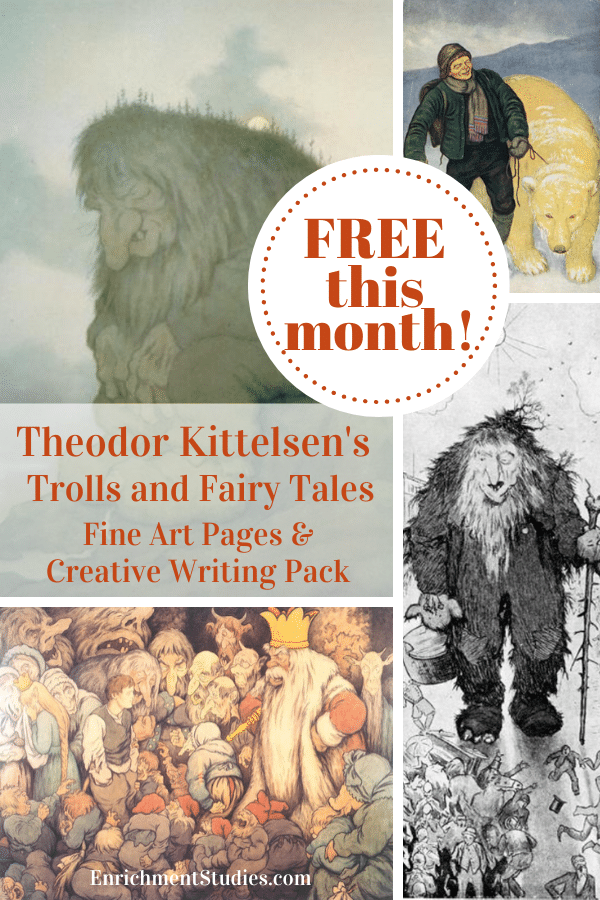 For a great combo of art and writing activities, check out these FREE Theodor Kittelsen Fine Art Pages + Creative Writing Pack (subscriber freebie!) #fhdhomeschoolers #freehomeschooldeals #fineart #hsdays #homeschoolart