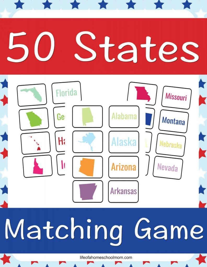 FREE 50 States Matching Game. #freehomeschooldeals #fhdhomeschoolers #statesmatchinggame #learnthestates