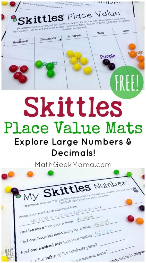 FREE Yummy Skittles Place Value Mats. #freehomeschooldeals #fhdhomeschoolers #placevalue #skittlesmath