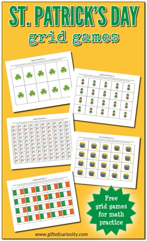 FREE St. Patrick’s Day Grid Games. #StPatricksDaygames #mathgridgames #countingpractice #fhdhomeschoolers #freehomeschooldeals